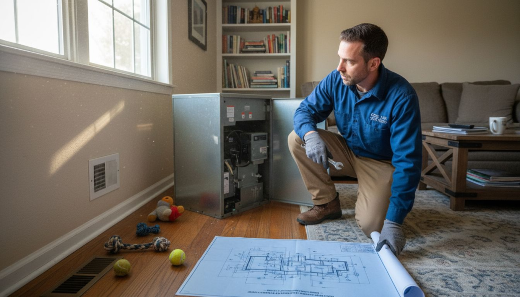 Technician installing HVAC in residential living room