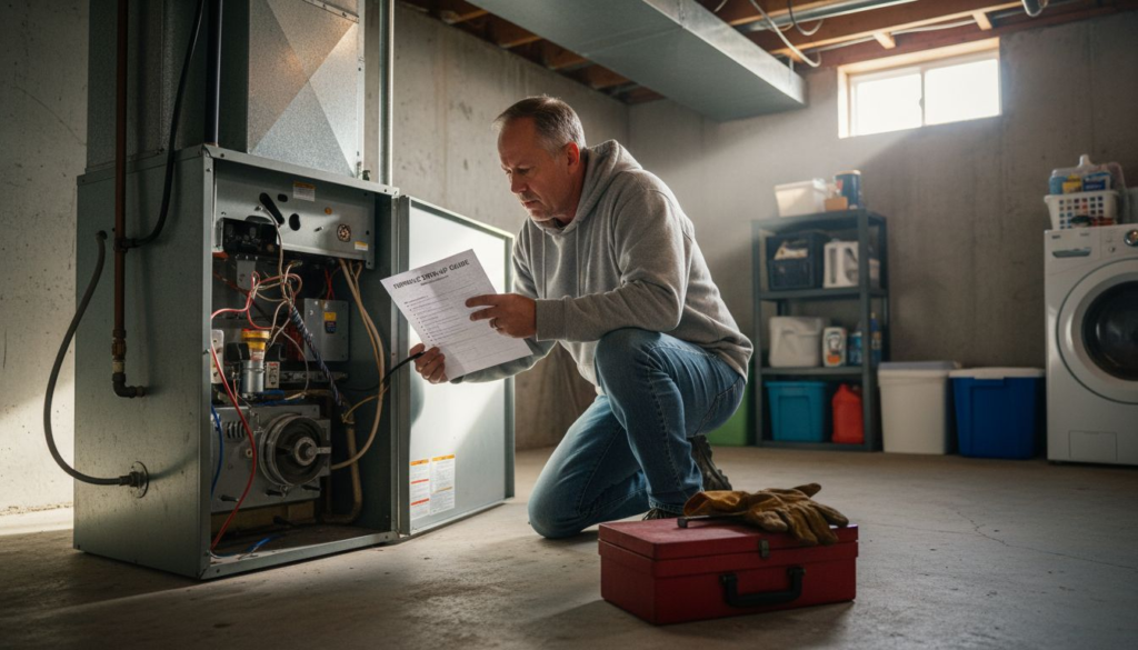 Homeowner kneels beside open furnace with checklist
