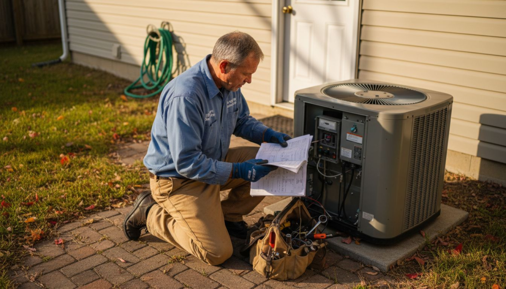 Technician checking home HVAC unit in yard