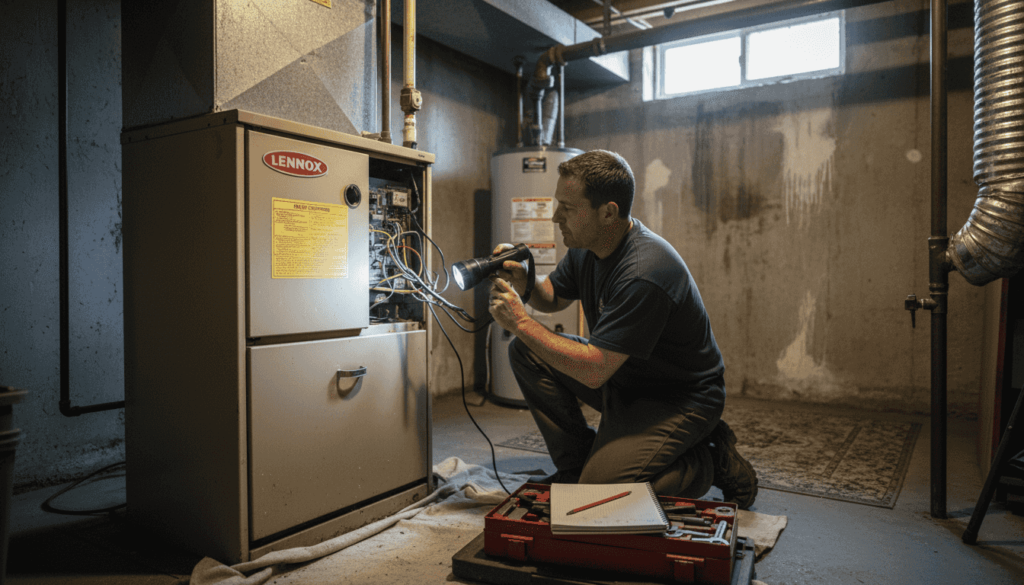 Technician inspecting a home furnace in basement