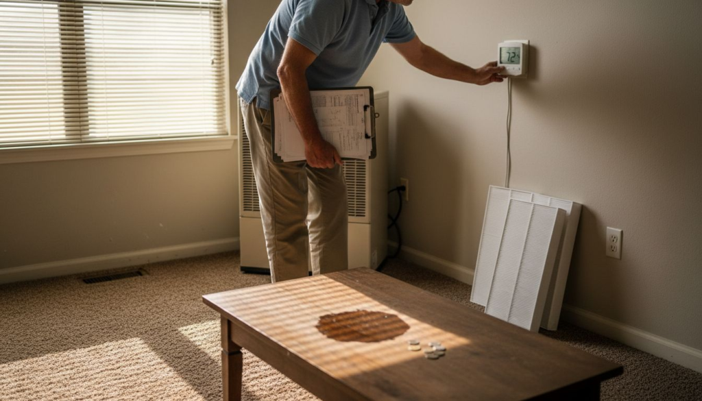 Landlord inspecting HVAC thermostat in apartment