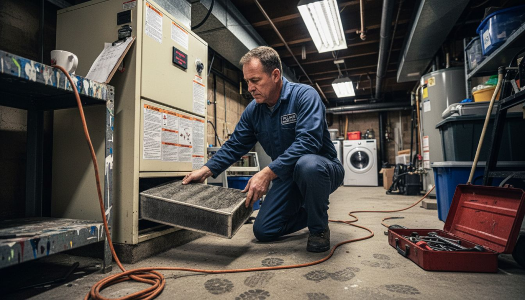 HVAC technician changing furnace filter in basement
