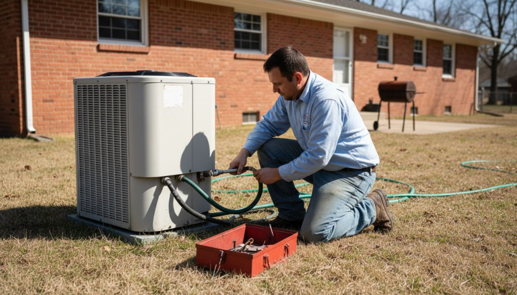HVAC technician servicing residential air unit