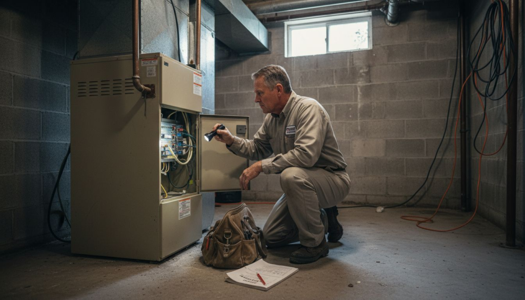 Technician inspects HVAC unit in basement