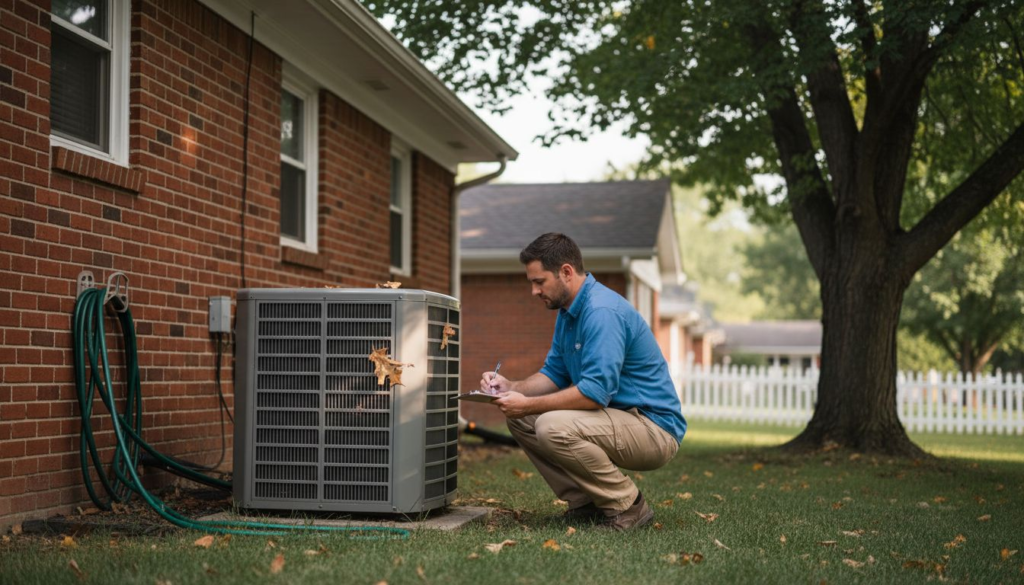 Technician servicing outdoor air conditioner unit