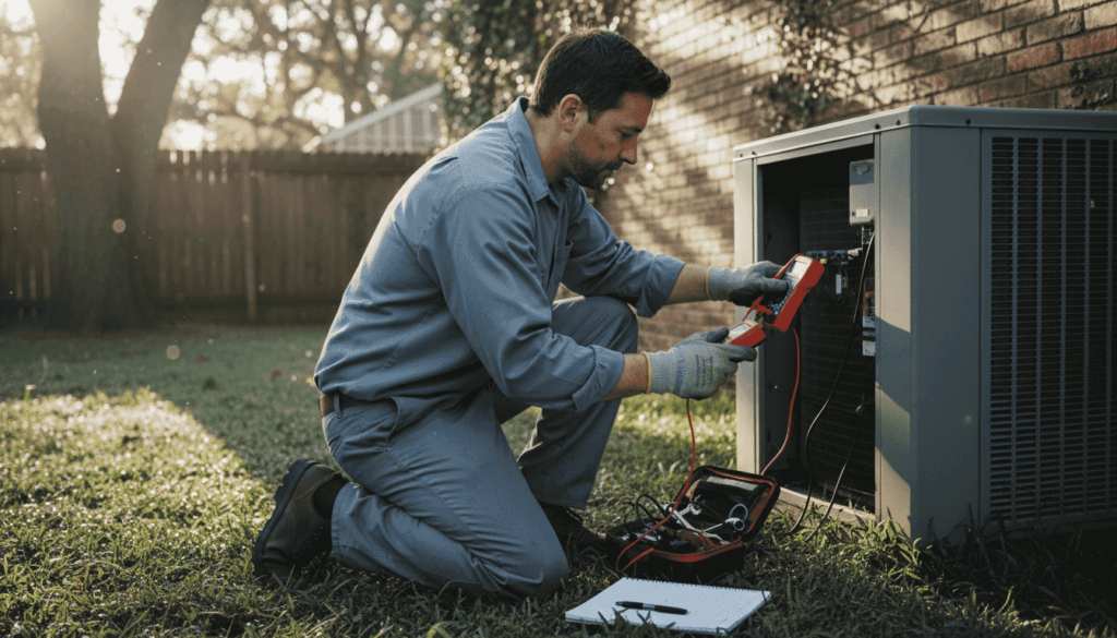 Technician repairing HVAC unit outdoors