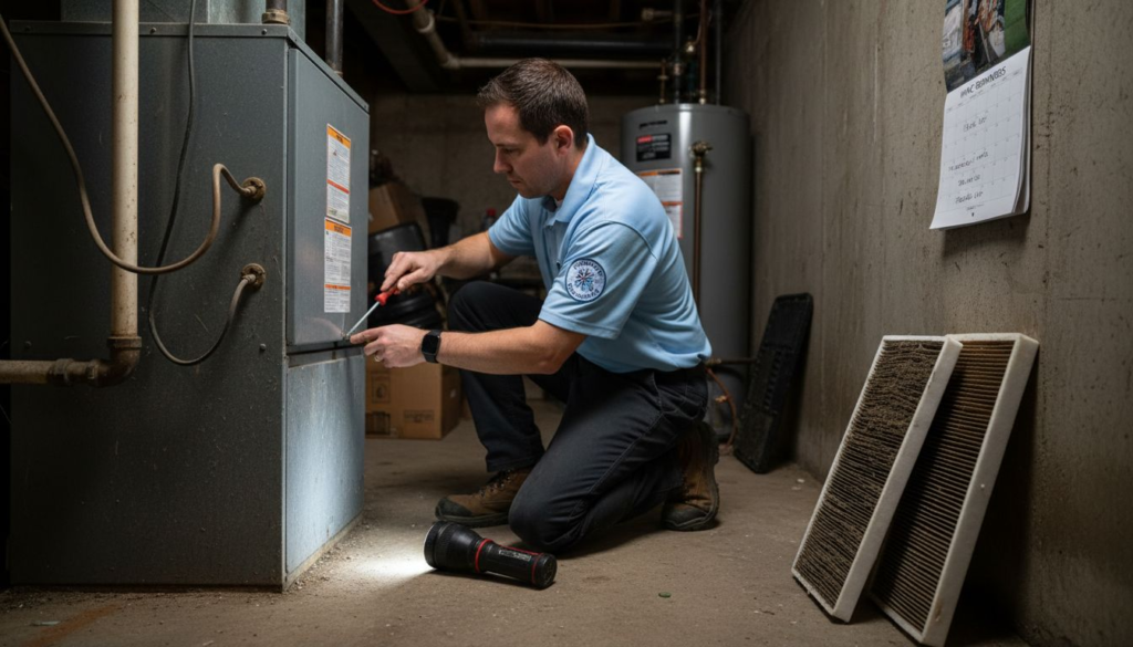 HVAC technician working on basement furnace