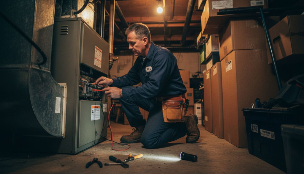 Technician working on basement furnace emergency