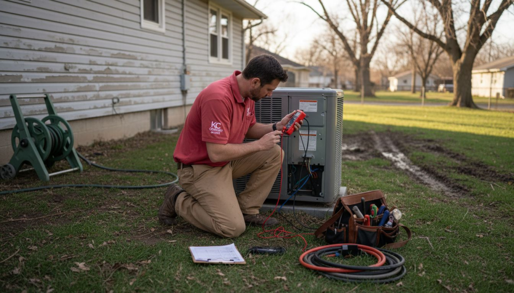 HVAC technician troubleshooting outdoor air unit