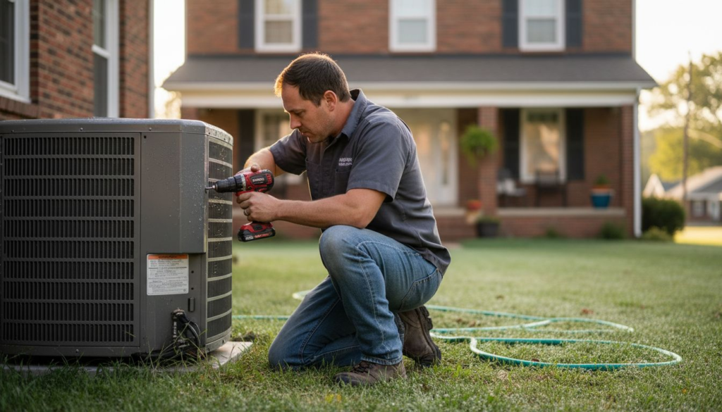 HVAC technician servicing outdoor unit