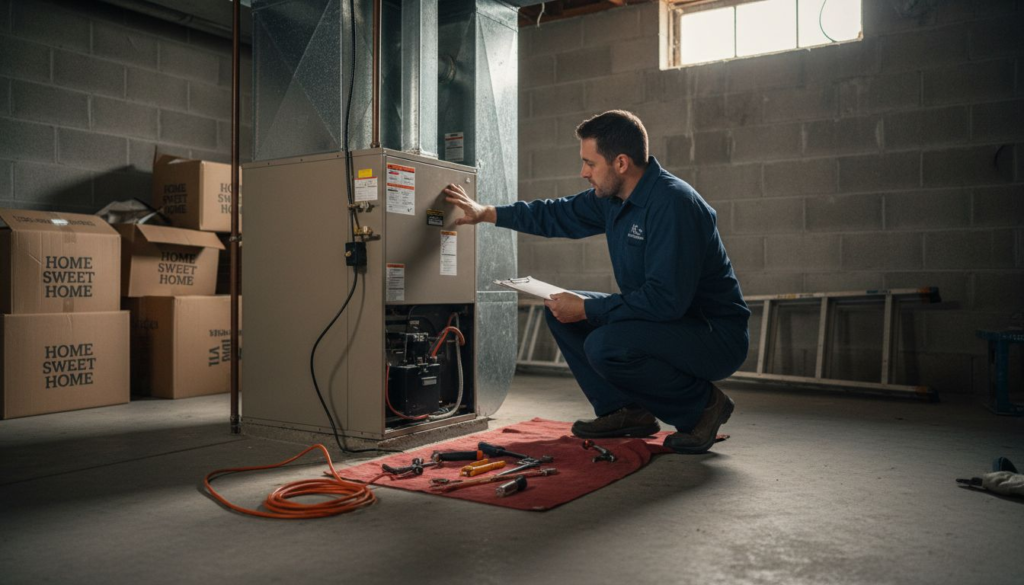 Technician inspecting furnace in Kansas City basement