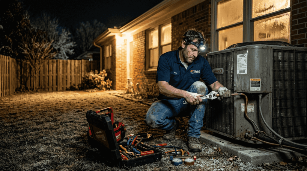 Technician repairing HVAC unit outside at night