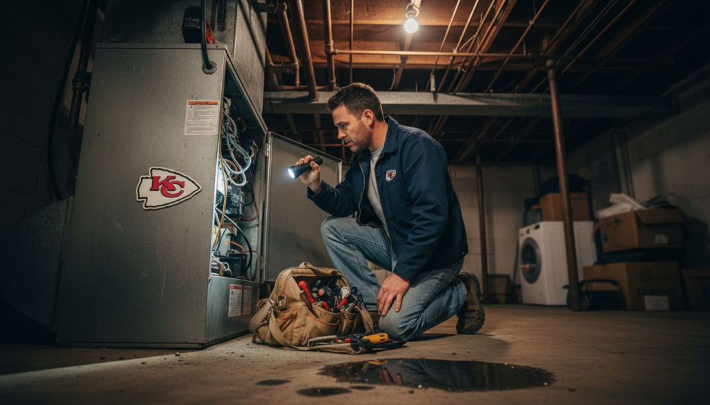 HVAC technician fixing furnace in Kansas City basement