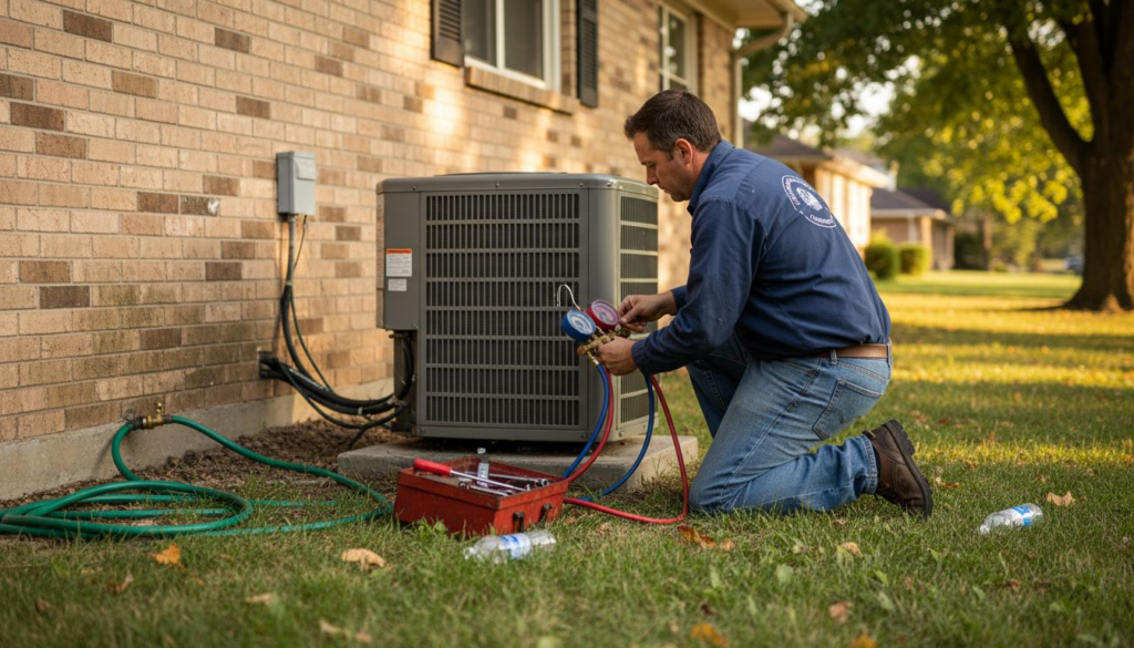 HVAC technician working outside Kansas City home