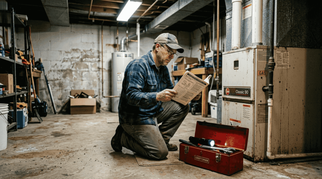 Kansas City homeowner inspecting furnace in basement