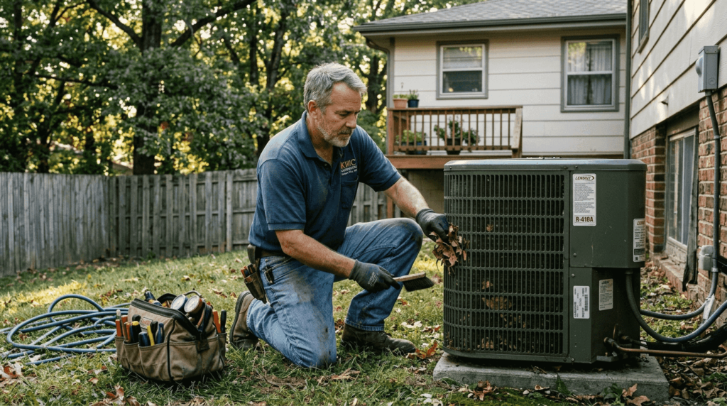 Technician cleaning outdoor AC unit in backyard