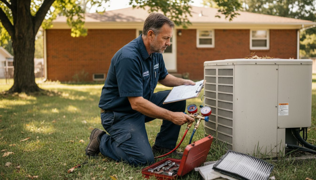 Technician examining HVAC unit outside home