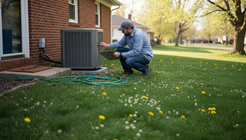 Technician checking HVAC beside Kansas City home