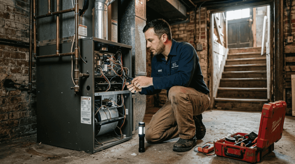 Furnace technician inspecting home basement unit
