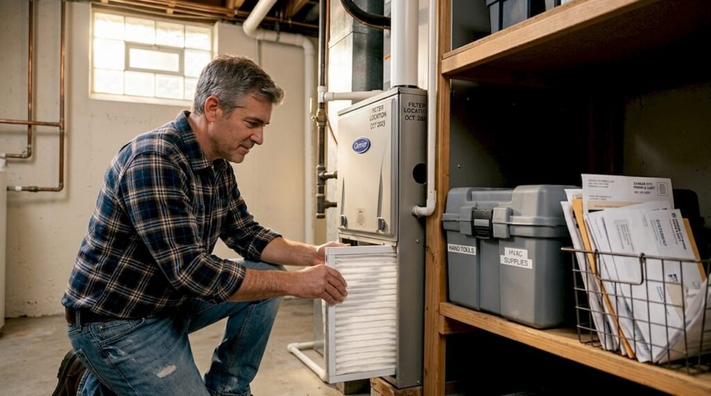 Homeowner checking HVAC unit in basement