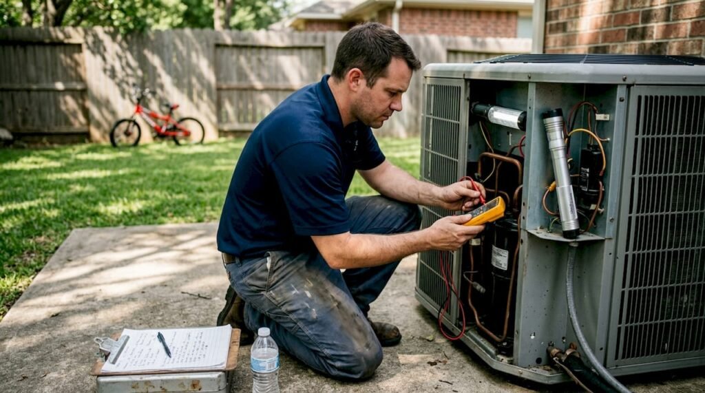 Technician checking AC unit in residential backyard
