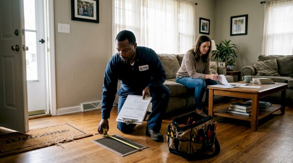 Technician measuring vent during HVAC consultation