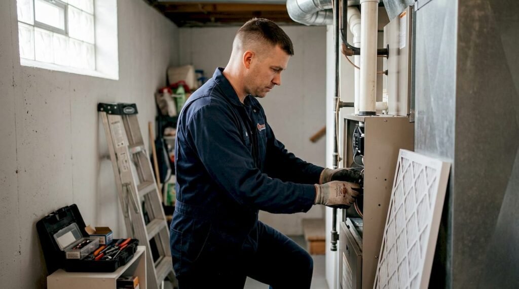 HVAC tech changing filter in basement furnace