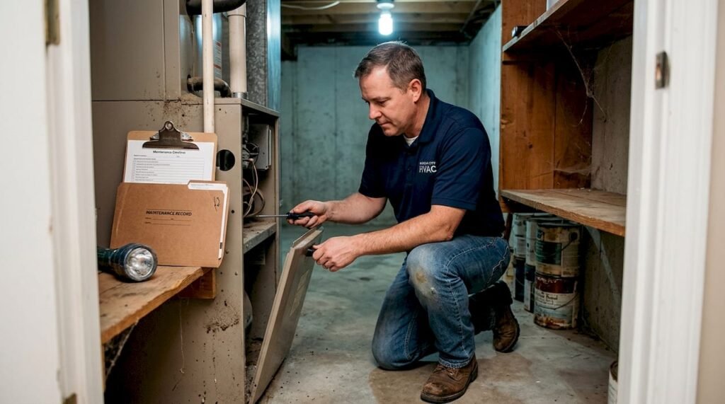 HVAC technician inspecting furnace in Kansas City home