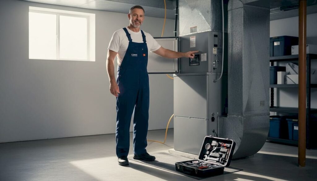 Technician inspecting HVAC in Kansas City basement