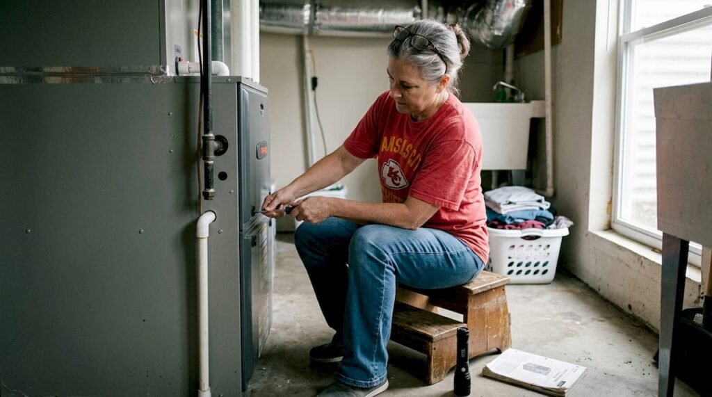 Homeowner inspecting HVAC unit in basement