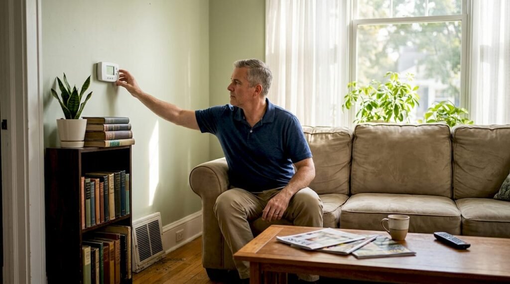 Person adjusting thermostat in comfortable living room