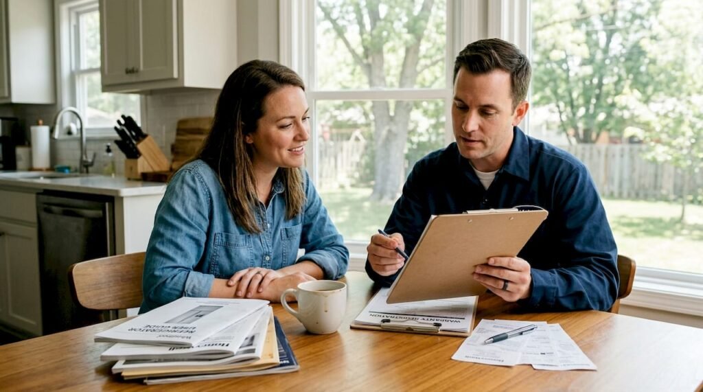 Homeowner and HVAC technician reviewing warranty papers