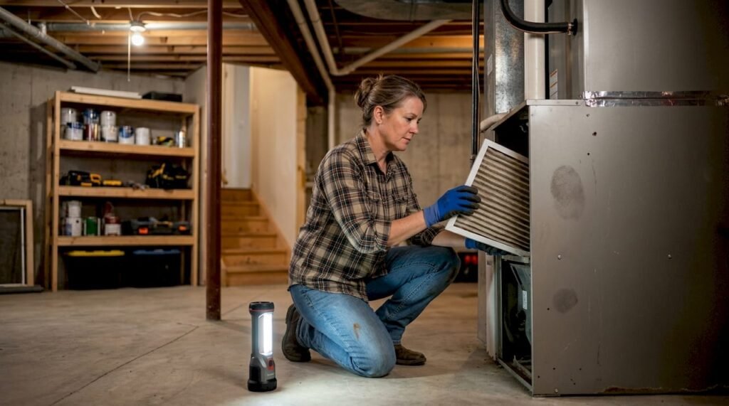 Homeowner inspecting HVAC filter in basement