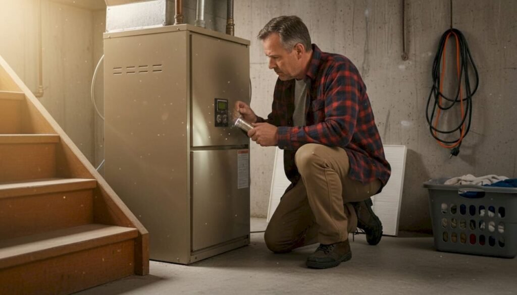 Homeowner inspecting furnace in suburban basement