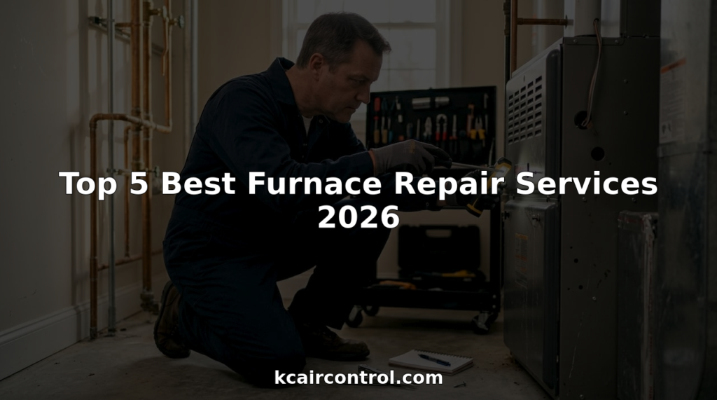 Technician performing furnace repair in basement