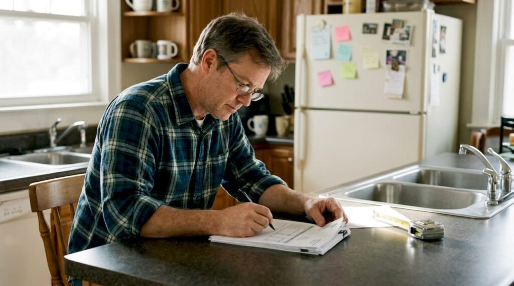 Homeowner reviewing HVAC paperwork in kitchen