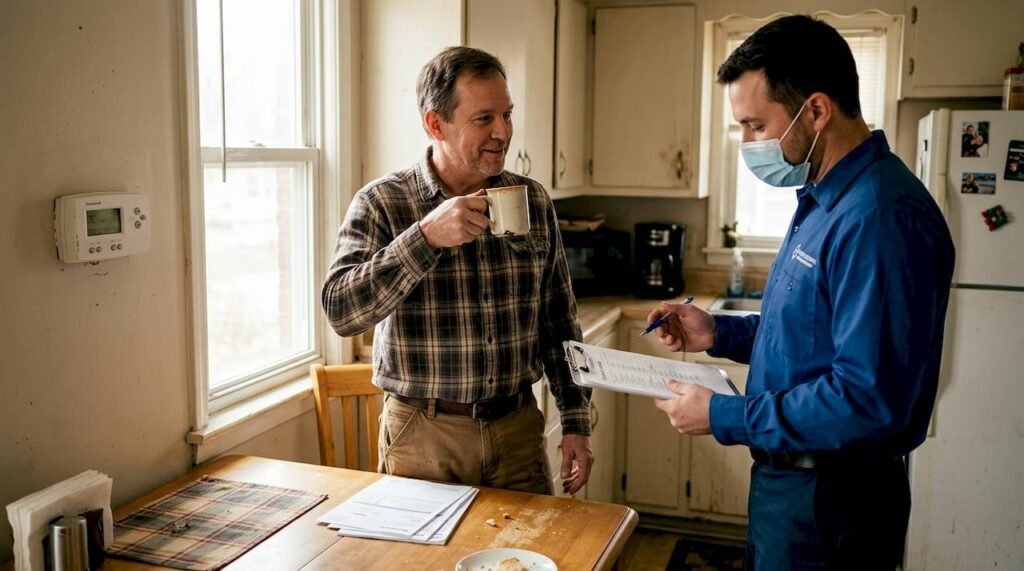 Homeowner talking to HVAC technician in kitchen