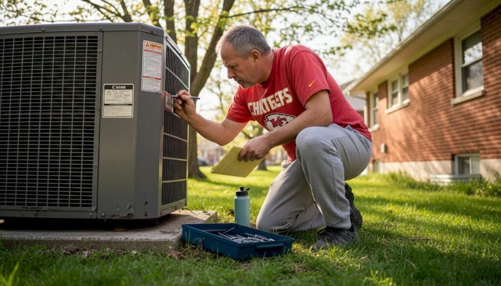 Homeowner inspecting outdoor HVAC system unit