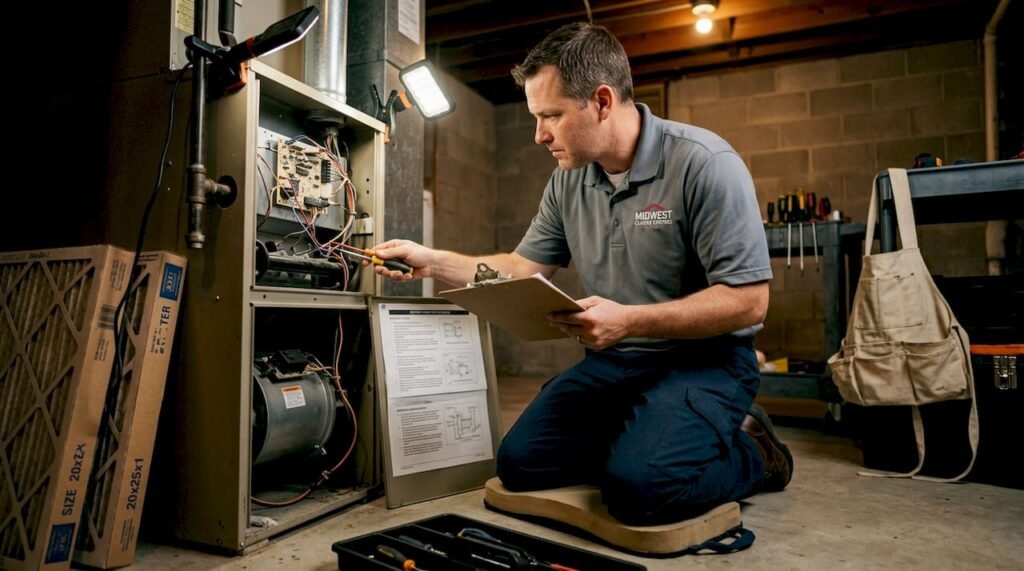 Technician retrofitting a home HVAC system
