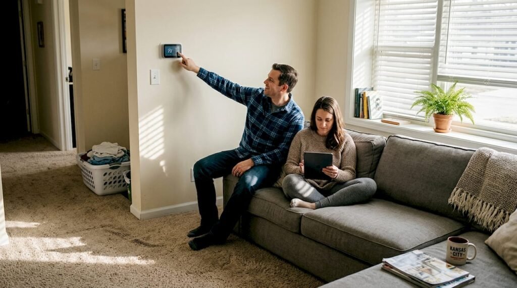 Couple adjusting thermostat in comfortable living room