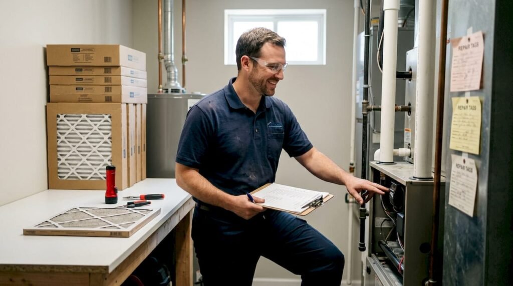 HVAC technician inspecting rental property furnace