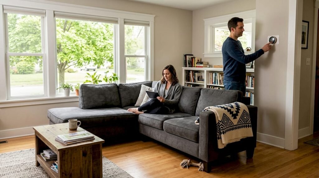 Couple using smart thermostat in home living room