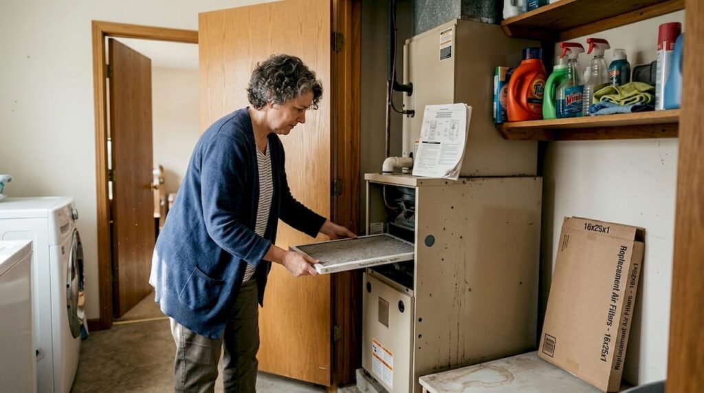 Homeowner changing HVAC filter for winter