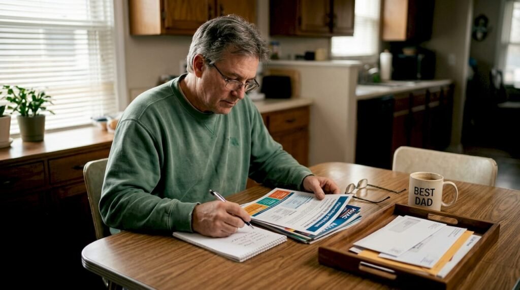 Homeowner reviewing HVAC financing papers at kitchen table