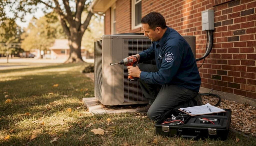 HVAC technician working on outdoor split system