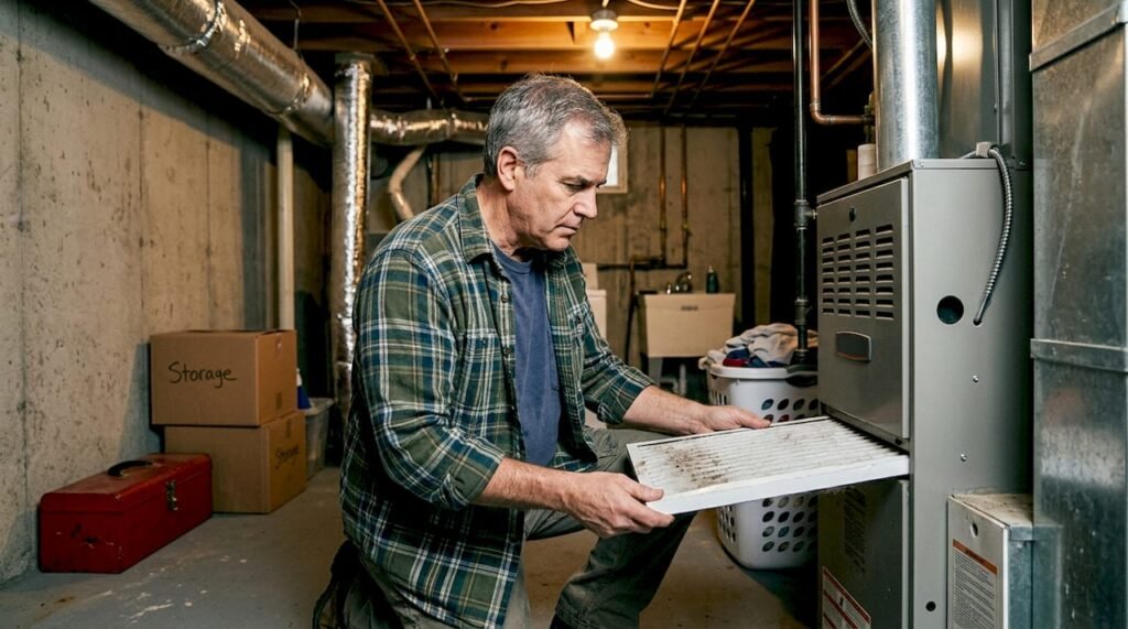 Homeowner checking furnace filter in basement