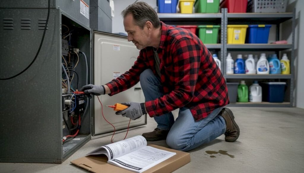 Homeowner inspecting open furnace unit