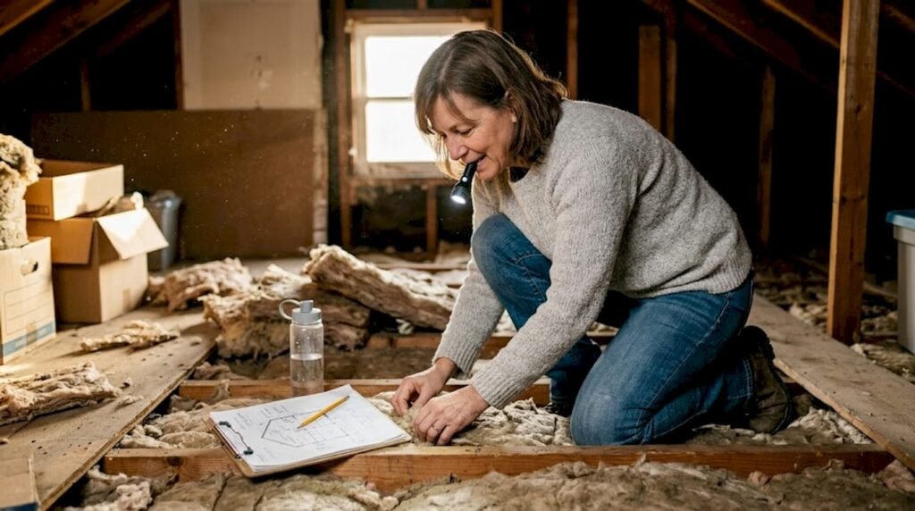 Homeowner inspecting attic insulation and sealing