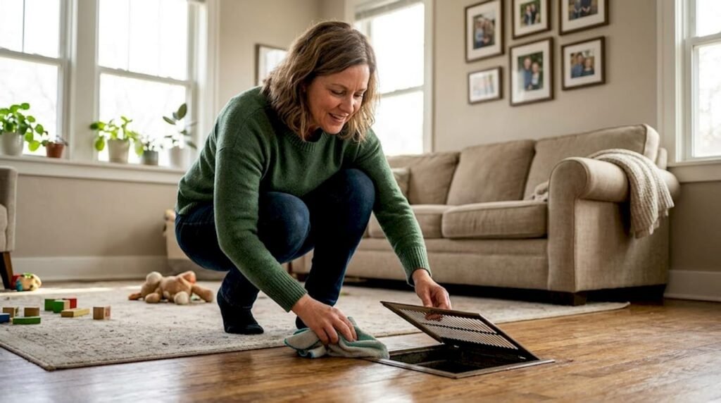 Homeowner inspecting HVAC vent in living room