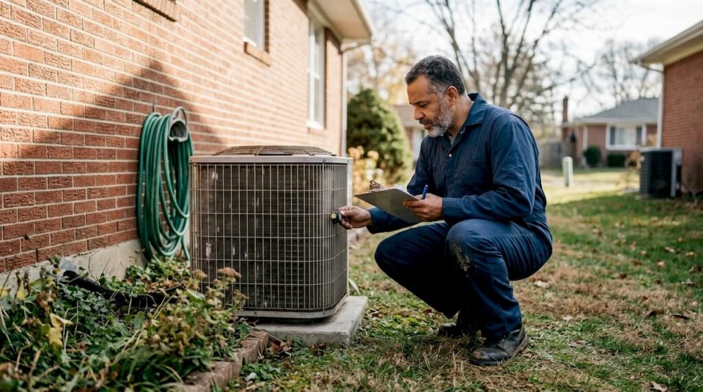 Technician inspects AC unit in backyard